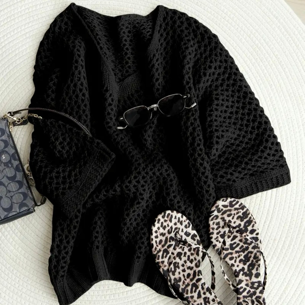 Open Stitch Black Acrylic Knit V Neck Sweater - Picture 3 of 8